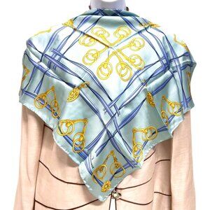 Unused-TRUSSARDI  100% Scarf Silk   22" x22"   teal blue gold chain logo ( 65)